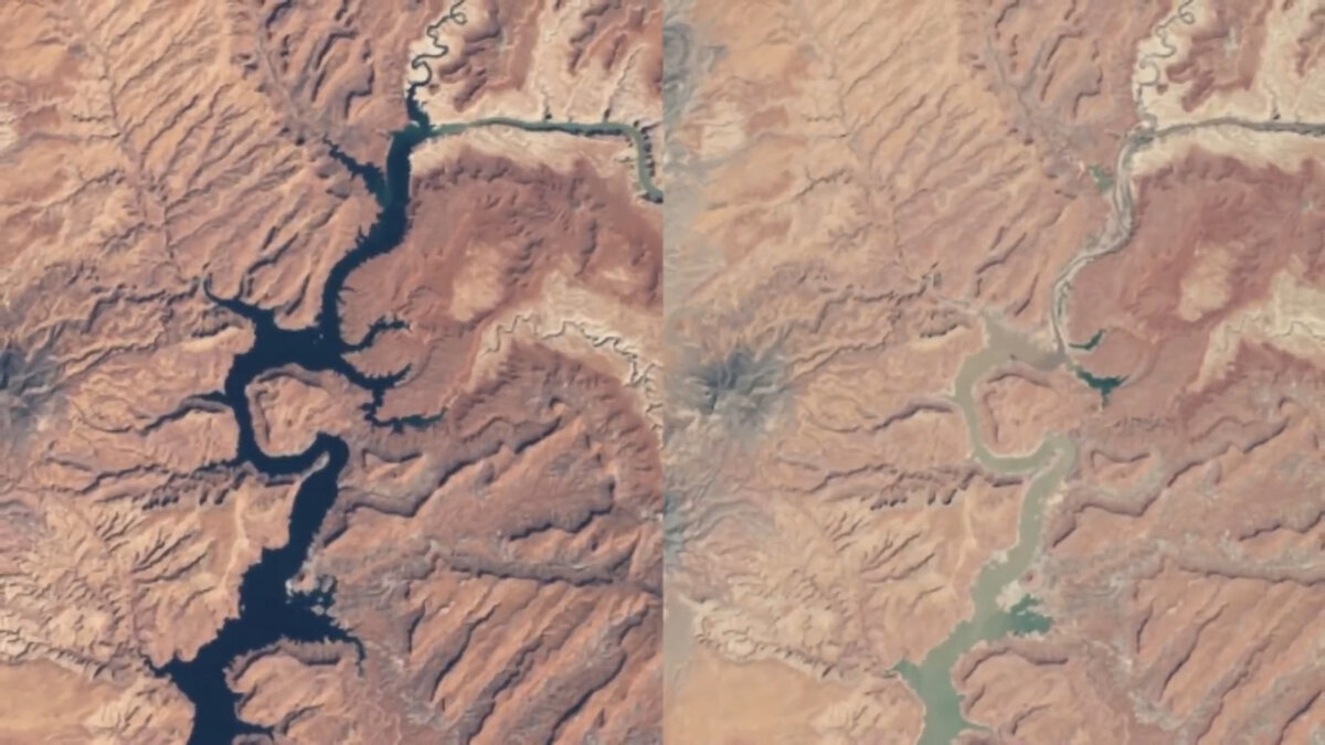 Изменение поверхности земли. Озеро Пауэлл Аризона пересохло. Опустынивание до и после. Изменение рельефа. Опустынивание из космоса.