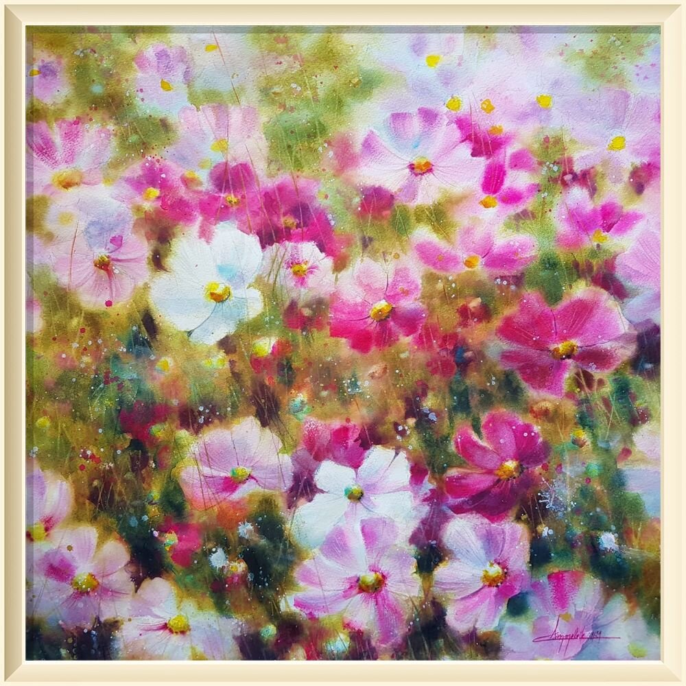  16. � Catherine Sommelette Aquarelles Champ de cosmos roses. Aquarelle 60 x60