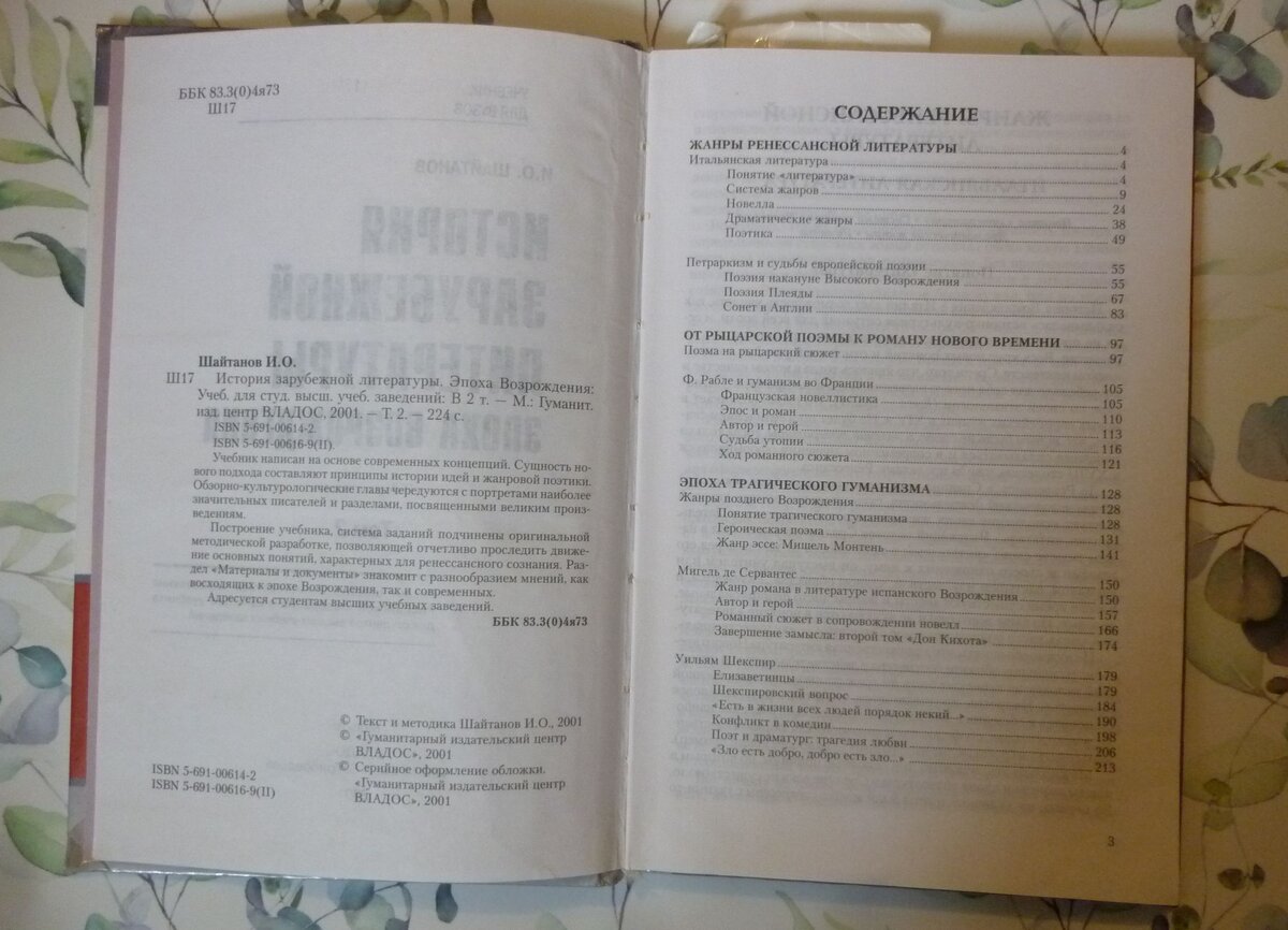Содержание учебника:  Шайтанов И. О. История зарубежной литературы. Эпоха Возрождения