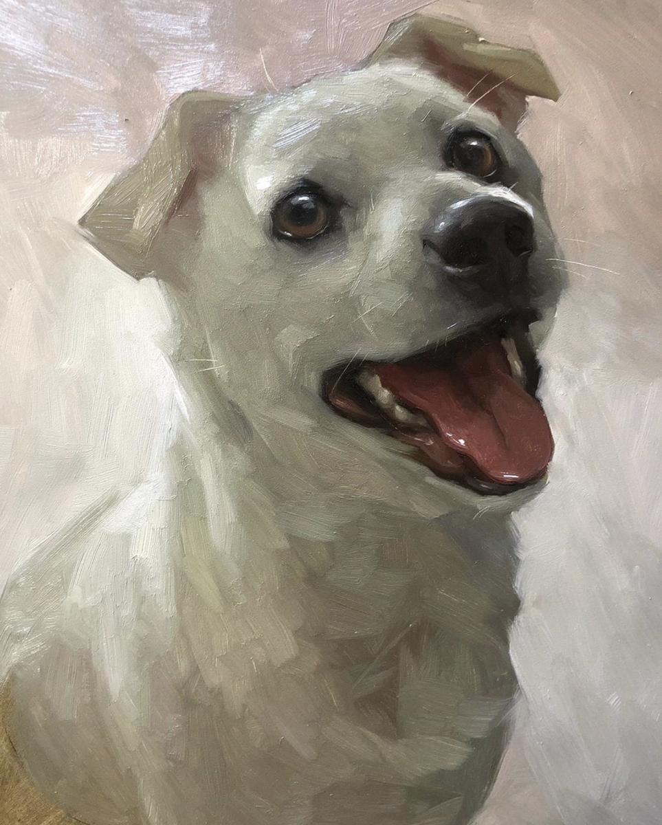 Кажется что этот милый пёс сейчас так и прыгнет вам навстречу. Но это картина