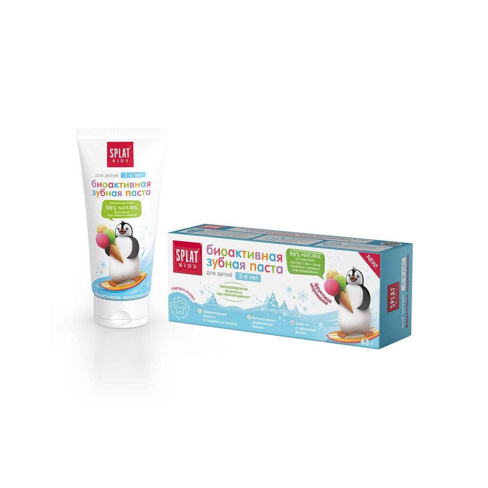 Биоактивная зубная паста SPLAT KIDS "Фруктовое мороженое". Содержит  гидроксиапатит кальция (nHap), гель Алоэ Вера, L-Argenine, экстракт лакричника.