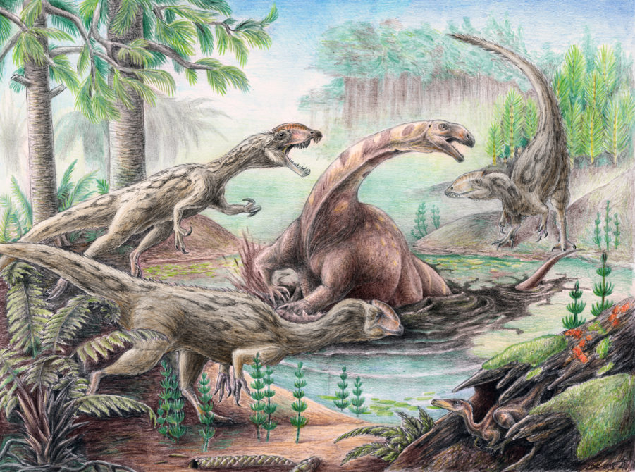 Появление динозавров эра. Вымирание динозавров палеоарт. Флеров палеоарт. Платеозавры мезозой. Мадлиба палеоарт.