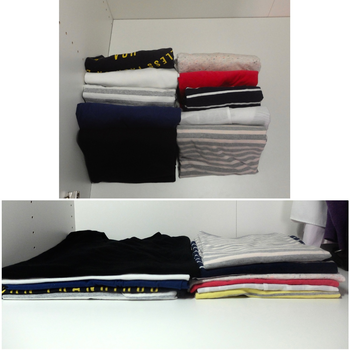 Снизу - стандартные стопки, сверху - вертикальное хранение по методу Мари Кондо