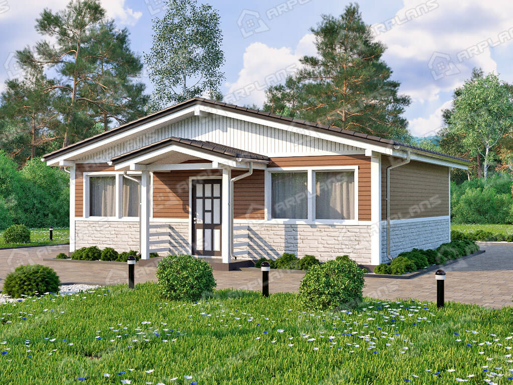 Фото 2 одноэтажного каркасного дома с 3 спальнями и террасой. 70 кв м. Источник arplans.ru Проект И-016