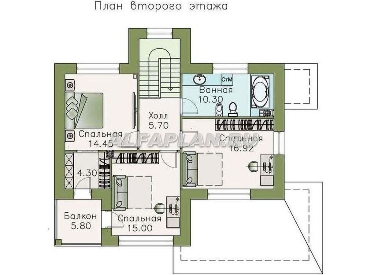 3. Планировка дома по проекту 376А "Модерн".
На 2этаже три спальных и большая ванная комната.
