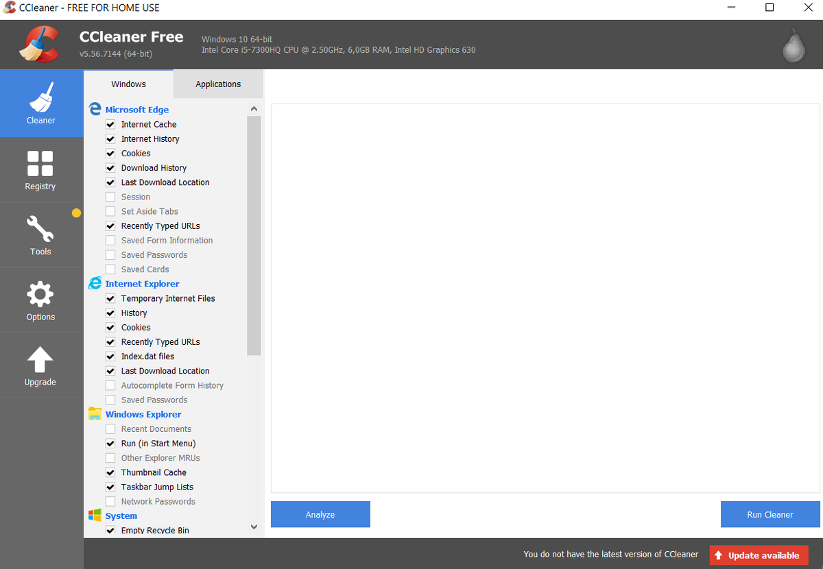 Вид оболочки программы CCleaner Free после скачивания и загрузки (английская версия)