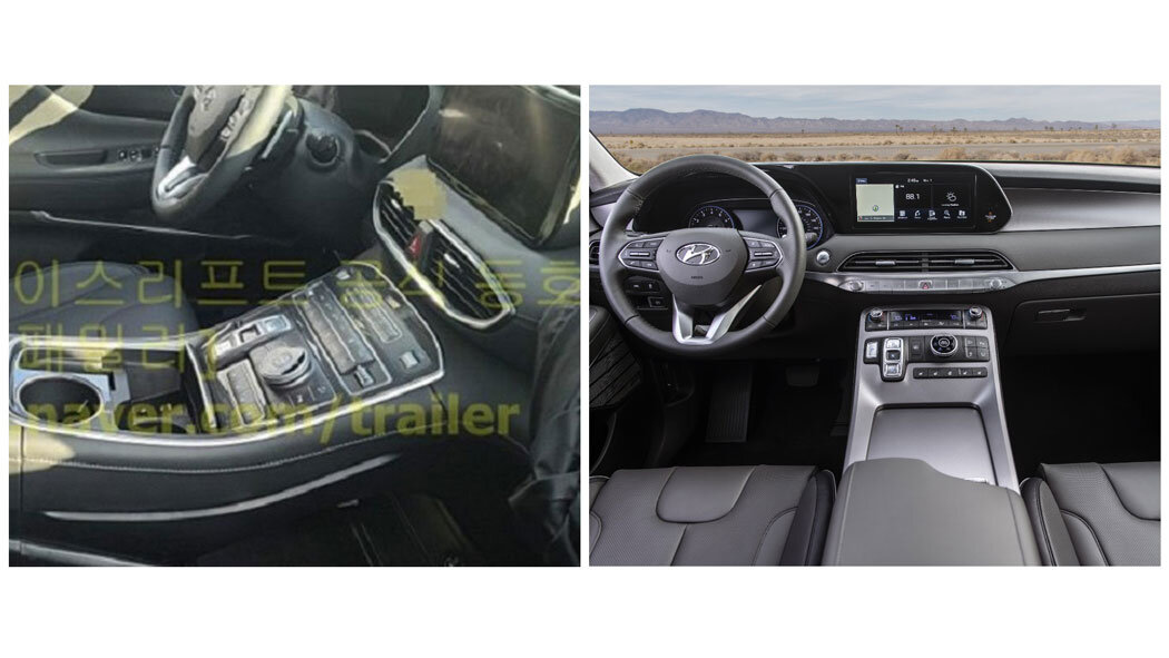 Слева - фото салона нового Hyundai Santa Fe, справа - салон Hyundai Palisade