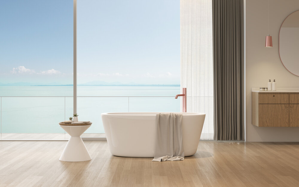 Изображение с сайта: https://ru.depositphotos.com/category/signs-symbols.html">View of bathtub with side table and towel on sea view background, Modern interior design with timber and white wall. 3D рендеринг - null