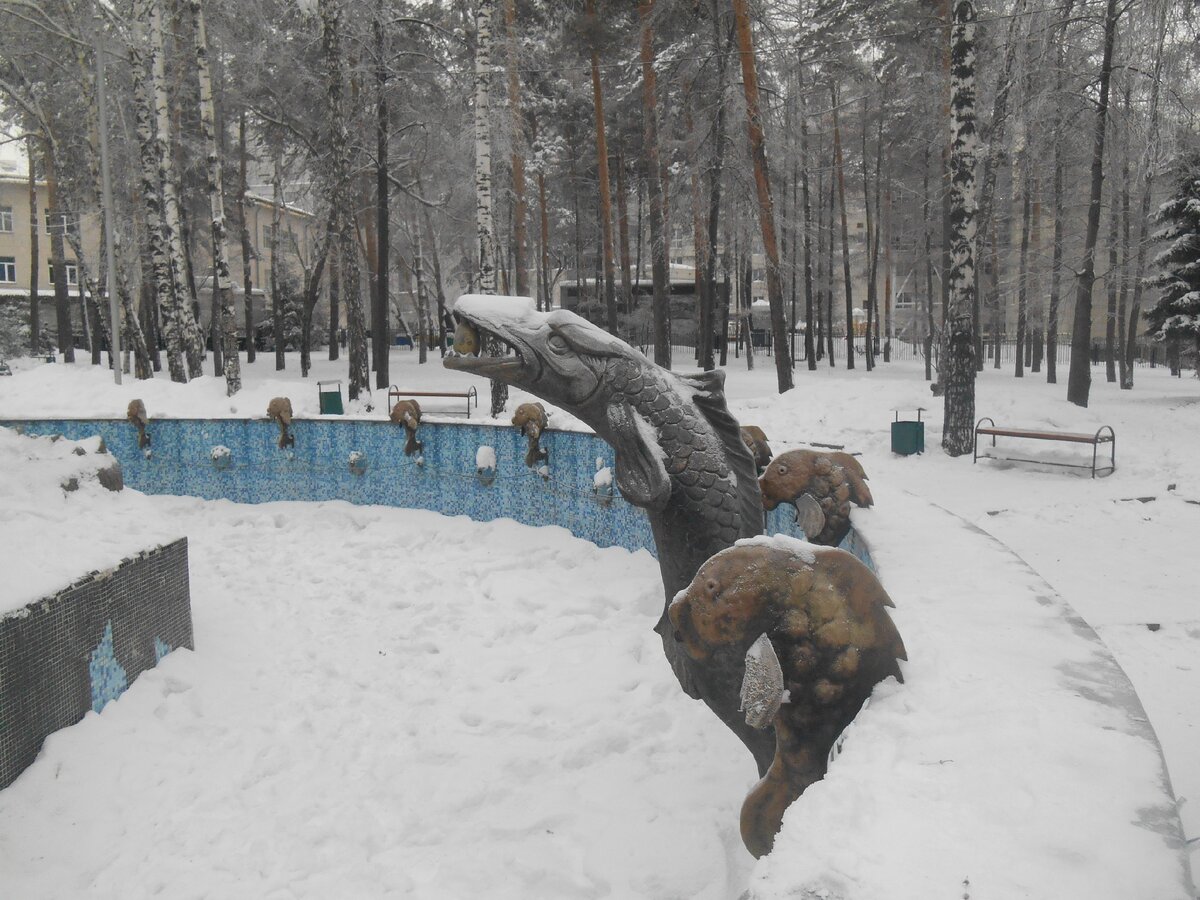 "Сказочный фонтан". Щука с яйцом.  Новосибирск. Станция метро "Октябрьская". Январь 2021 г. Фото автора