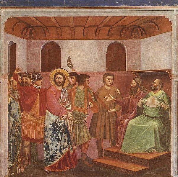Джотто ди Бондоне, Христос перед Каиафой, 1305 год, фреска. Лестница все еще выглядит не очень перспективной, но потолок чертовски хорош.