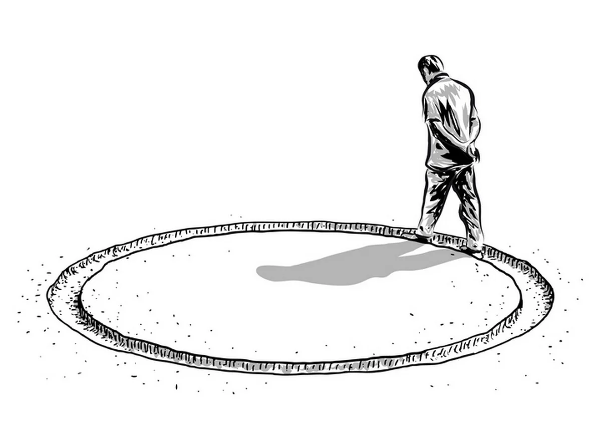 Рисунок с кругом в центре. Человек ходит по кругу. Человек холит по кругу. Человек в замкнутом круге. Замкнутый круг.