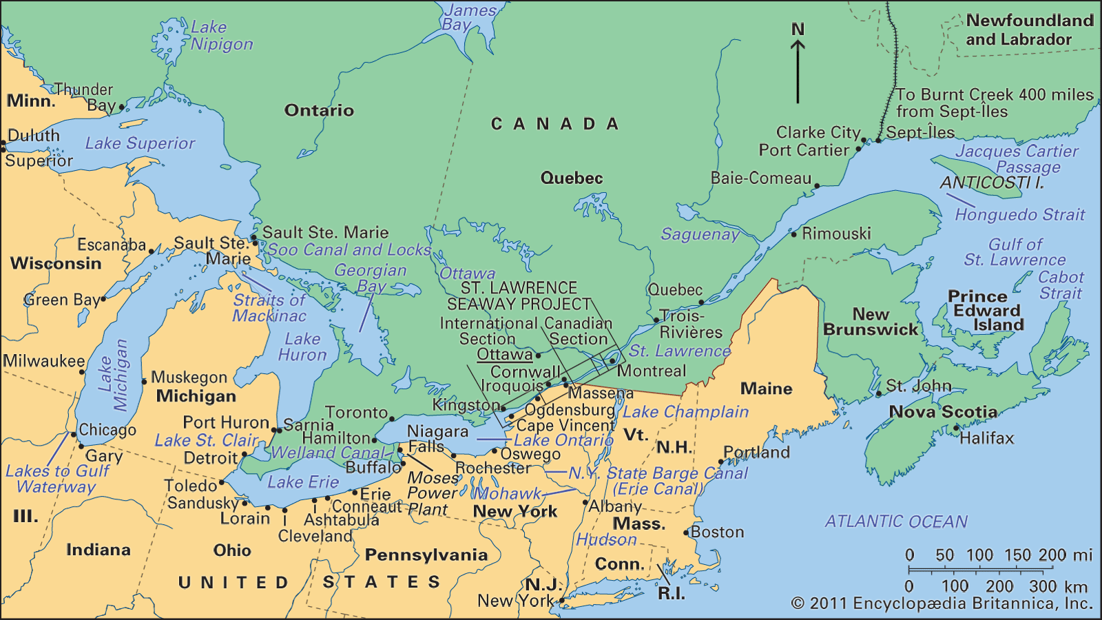 Великие озёра и река Святого Лаврентия на карте