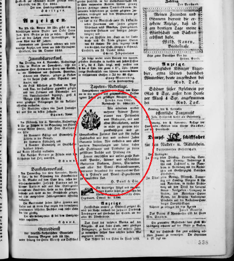 Объявление компании Г.Банда в газете Crefelder Kreis- und Intelligenzblatt от 01.11.1845