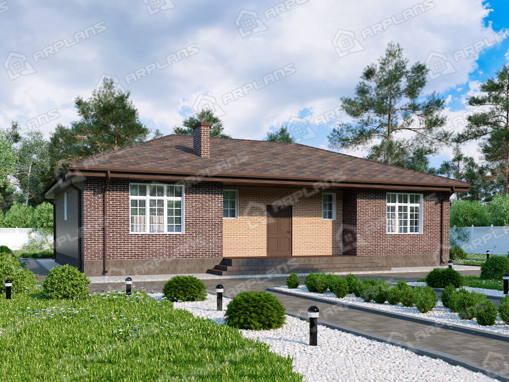 Фото 1 одноэтажного дома из газобетона с 3 спальнями, газовой котельной и террасой. Общая площадь до 200 кв м. Источник arplans.ru Проект К-382