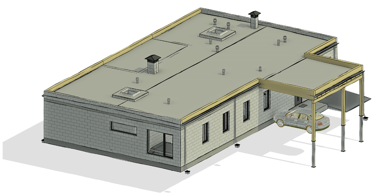 3D-модель строящегося дома с плоской крышей
