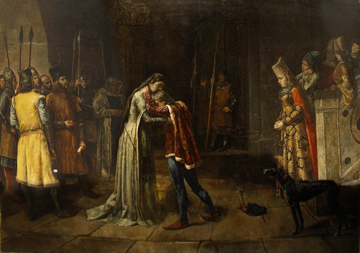 Антонио Аморос-и-Ботелья "Леонор де Гусман прощается со своим сыном Фадрике Альфонсо перед казнью", 1887 год. 