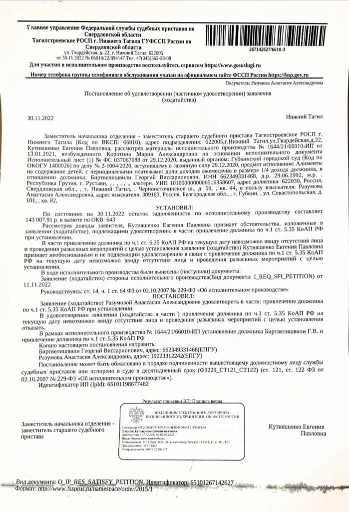 Задолженность по алиментам Биртвилишвилли 