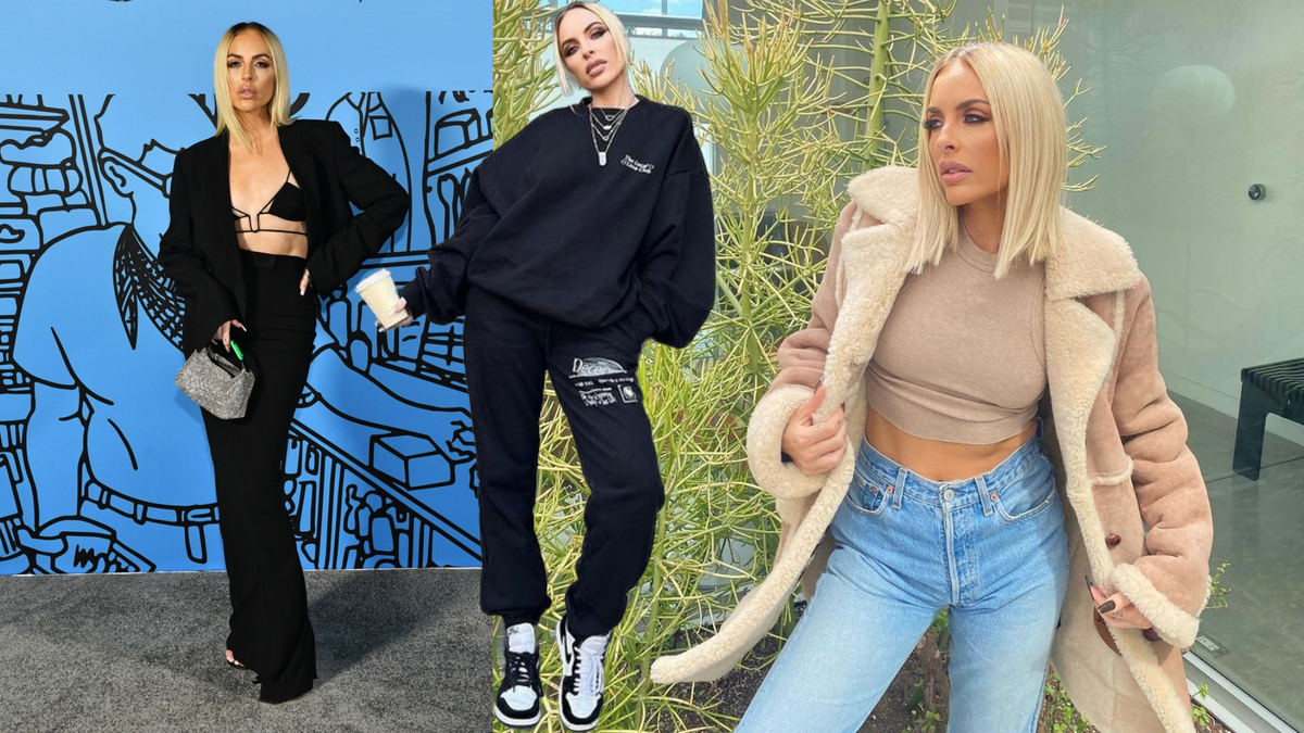 Слева образ из чёрного костюма двойки с узкой юбкой миди и топ-бра бренда Nensi Dojaka