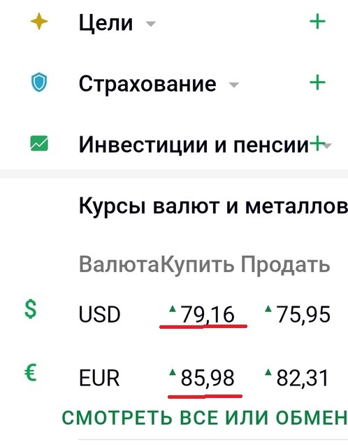 Скрин автора. Сбербанк Онлайн курс валют на 22.04.2020