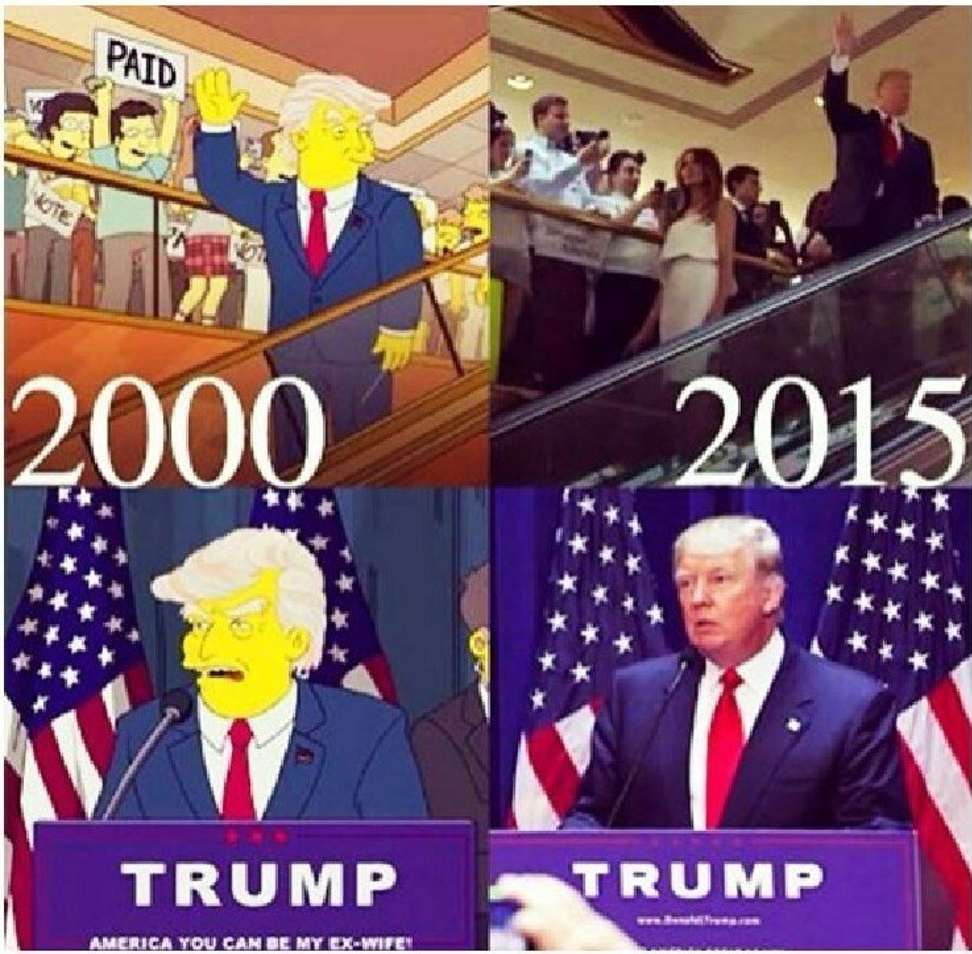 Из 2000 года Барт видит себя через 30 лет, Трамп к этому времени только ушёл с поста и правил 14 лет. Т.е. заступить на пост президента он должен был в 2016 году. В реальной жизни Трамп был выбран президентом 8 ноября 2016 года. 