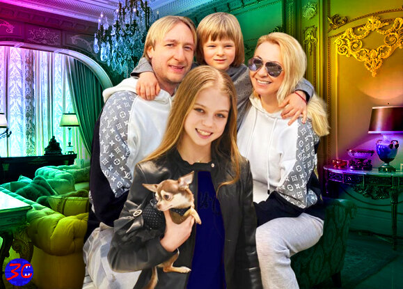 Евгений Плющенко, Гном Гномыч, Яна Рудковская и Александра Трусова с чихуахуа Тиной - главные герои мини-пьесы Зубастого свитера (коллаж автора, источник -  https://www.instagram.com/p/B_73o5hI-Jp/)