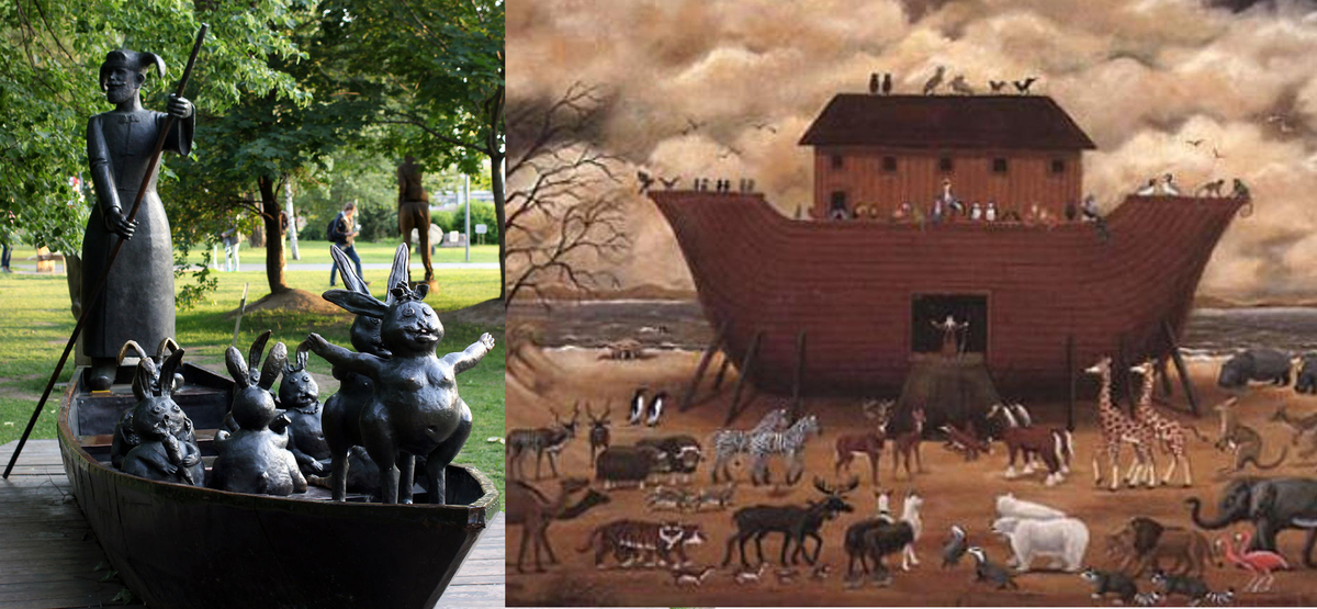 слева: памятник деду Мазаю и зайцам; справа: Ноев Ковчег