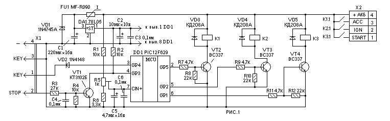 Основу устройства составляет недорогой микроконтроллер PIC12F629 производства фирмы « Microchip». Микроконтроллер настроен на работу с внутренним RC генератором частотой 4МГц. В своём составе указанный МК имеет встроенный модуль компаратора, который используется в нашем случае как пороговое устройство для определения запуска автомобиля по напряжению в бортовой сети. В этом случае, напряжение на входе компаратора (выв.7 DD1) становиться выше порогового значения в 3,6 вольта,  что в свою очередь определяется микроконтроллером и после двукратной программной проверки МК отключает транзистор VT4 и соответственно питание катушки реле стартера К3, независимо от того нажата кнопка или нет.