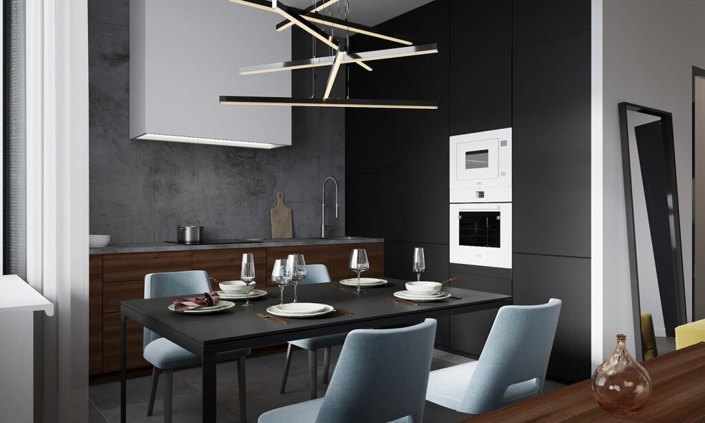 Этот красивый современный интерьер с элементами в стиле лофт создан дизайнером Анастасией Капраловой (бюро Azbuka Dom). В квартире площадью 45 м² была проведена перепланировка, чтобы создать просторное помещение. Для спальни же выделена зона за стеклянной перегородкой. 