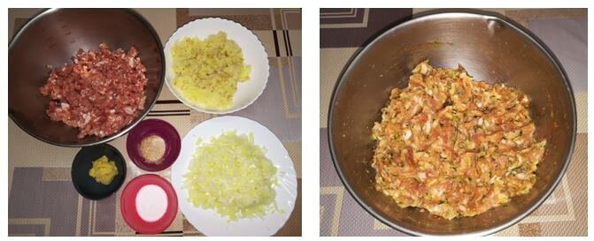 На фото нет томатной пасты и зелени, специй. Справа - готовый фарш