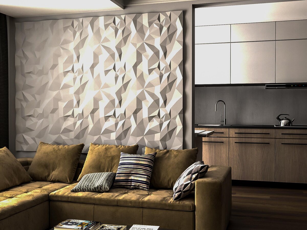 Кухня и гостиная комната с применением ППУ панелей "Iceberg" от бренда "Relieffo"