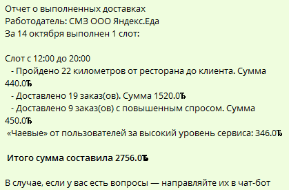 Отчет курьера за 8 часов в Нижнем Новгороде