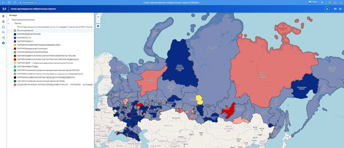 Вид карты победителей по одномандатным округам на hub.mapdev.io