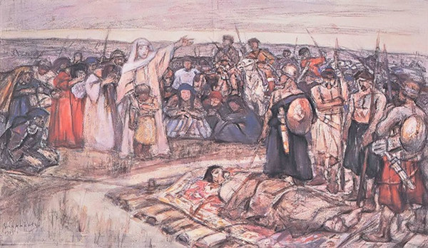 Княгиня Ольга встречает тело князя Игоря. Художник В. И. Суриков. 1915 г. Источник: pda.litres.ru