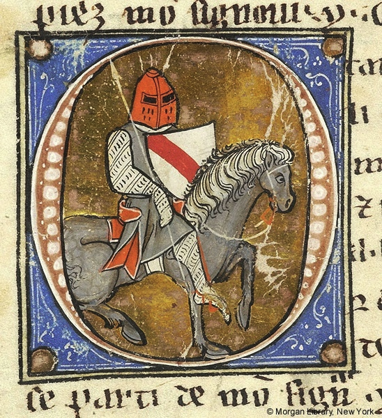 В почти космодесантском шлеме едет рыцарь Ланселот с гербом на щите. Как и положено рыцарю, даже если он родом из книг. Иллюстрация из французской рукописи ок 1310г
