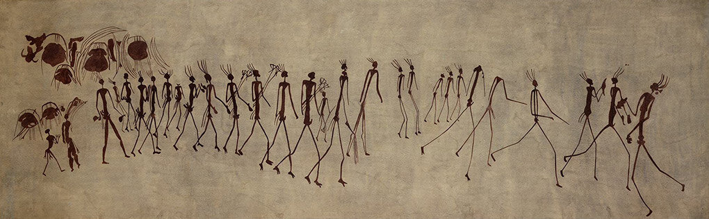 Шествие. Зимбабве, Чинамора, Массимбура 8000–2000 лет до нашей эры. Акварель — Элизабет Маннсфельд, 1929, 65 x 202,5 см. Источник: Frobenius-Institut, Франкфурт-на-Майне