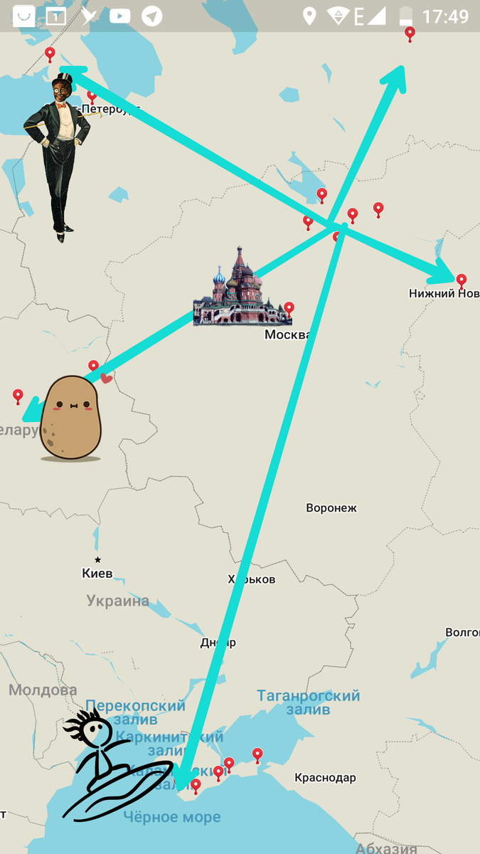 Примерная карта передвижений. Простите за кривые стрелочки.