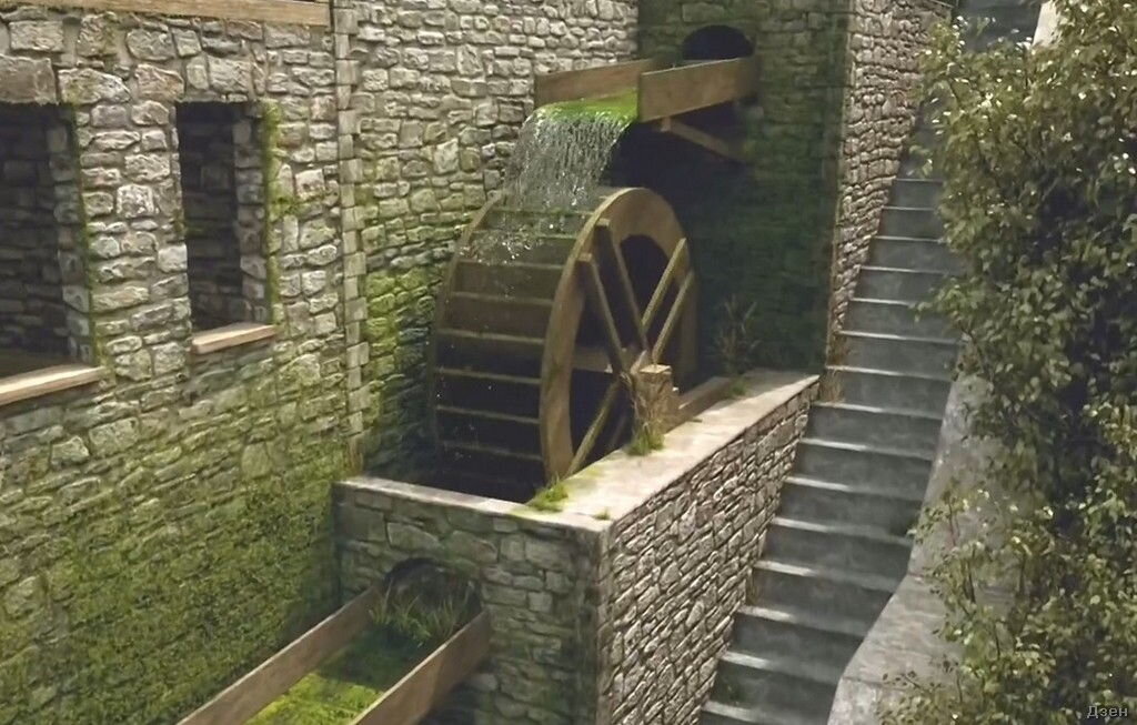 На колесо вода поступает сверху