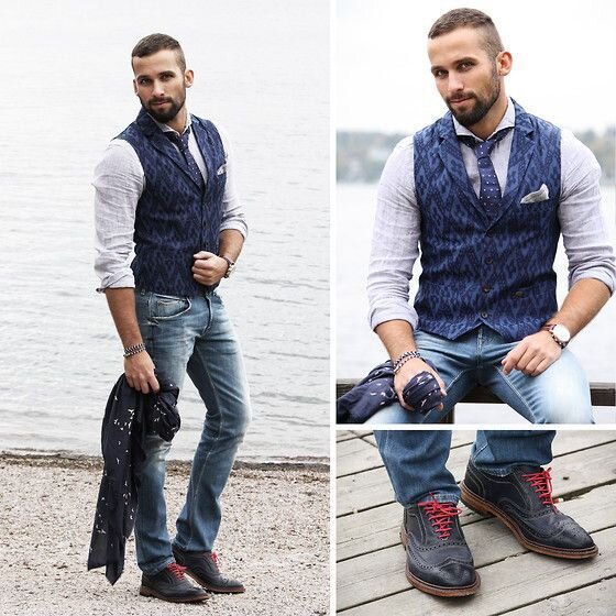 Повседневная обувь, небрежно закатанные рукава рубашки, интересная расцветка жилета.