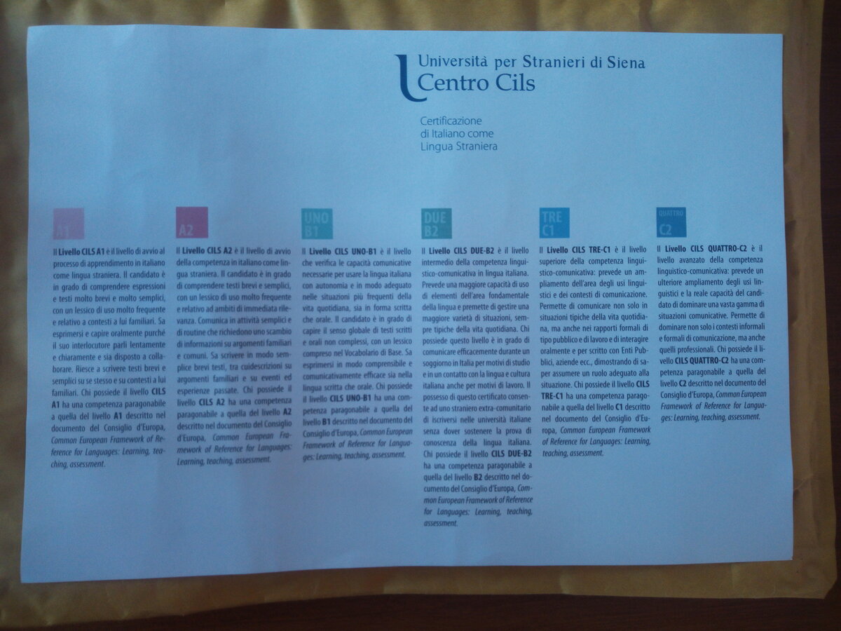 На обратной стороне сертификата - описание разных уровней 