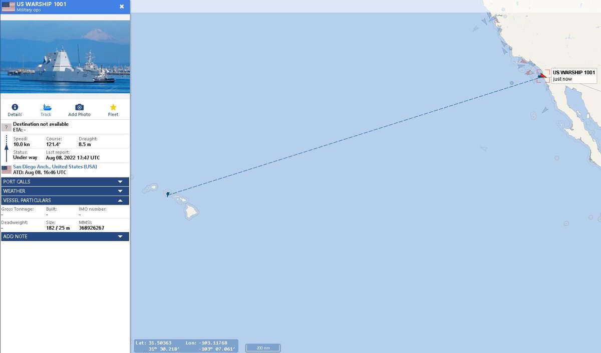 DDG-1001 возвращается с Гавайев в базу Сан-Диего после участия в учениях RIMPAC-2022. Бдительные пользователи twitter @warshipcam это заметили. (8 августа 2022 года, vesselfinder.com)
