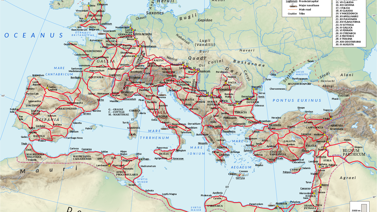    Основные дороги Римской империи, около 125 года н. э.CC BY-SA 4.0 / Roman Empire 125 general map.SVG /