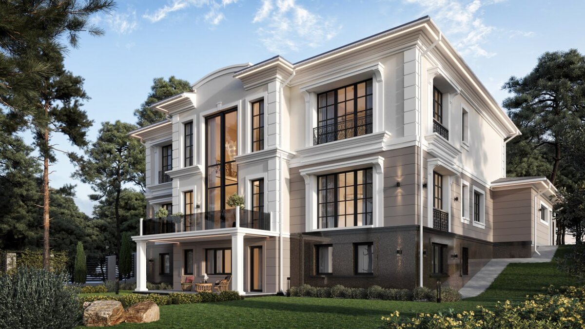 Индивидуальный жилой дом общей площадью 600 кв.м на склоне гористой местности в уникальном сосновом бору