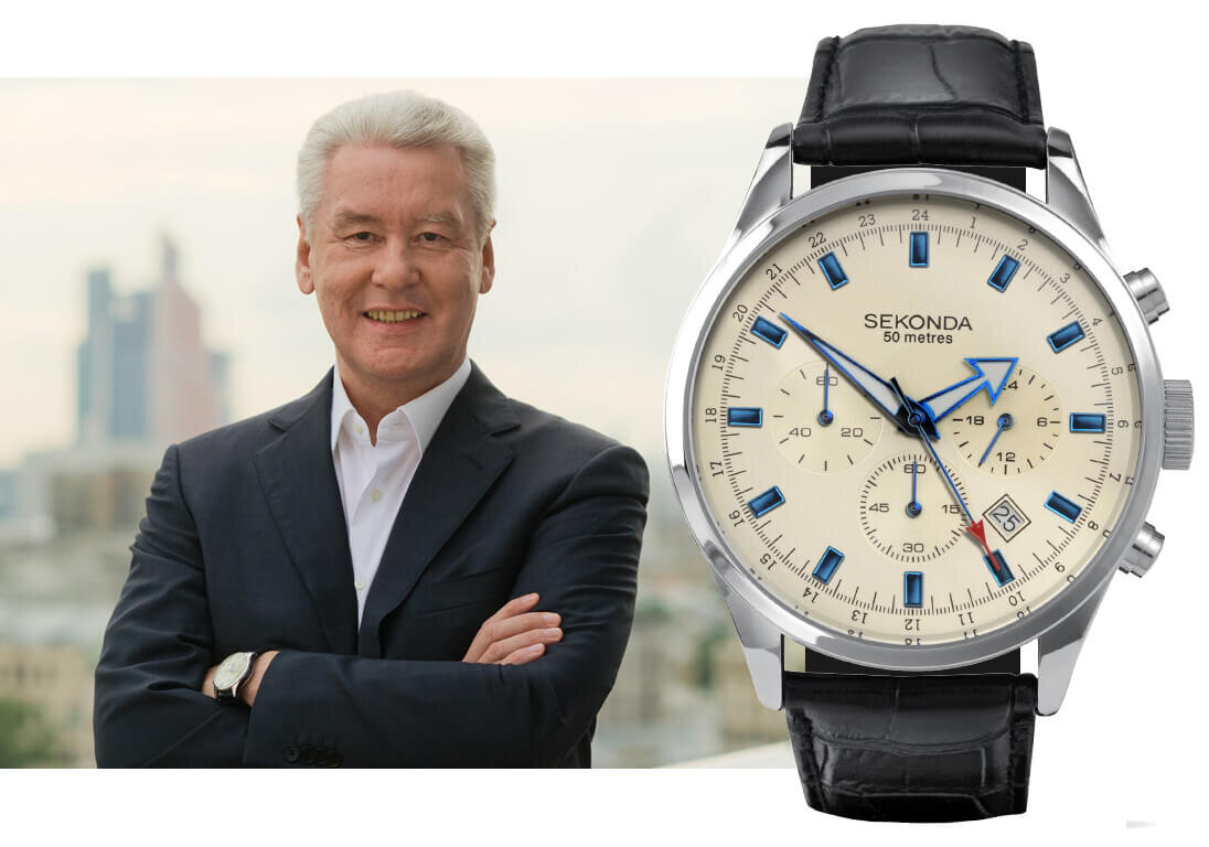 Сергей Собянин в часах Sekonda Gents Strap Chronograph Ref. 3144 Изображения: governors.ru, klokker.no