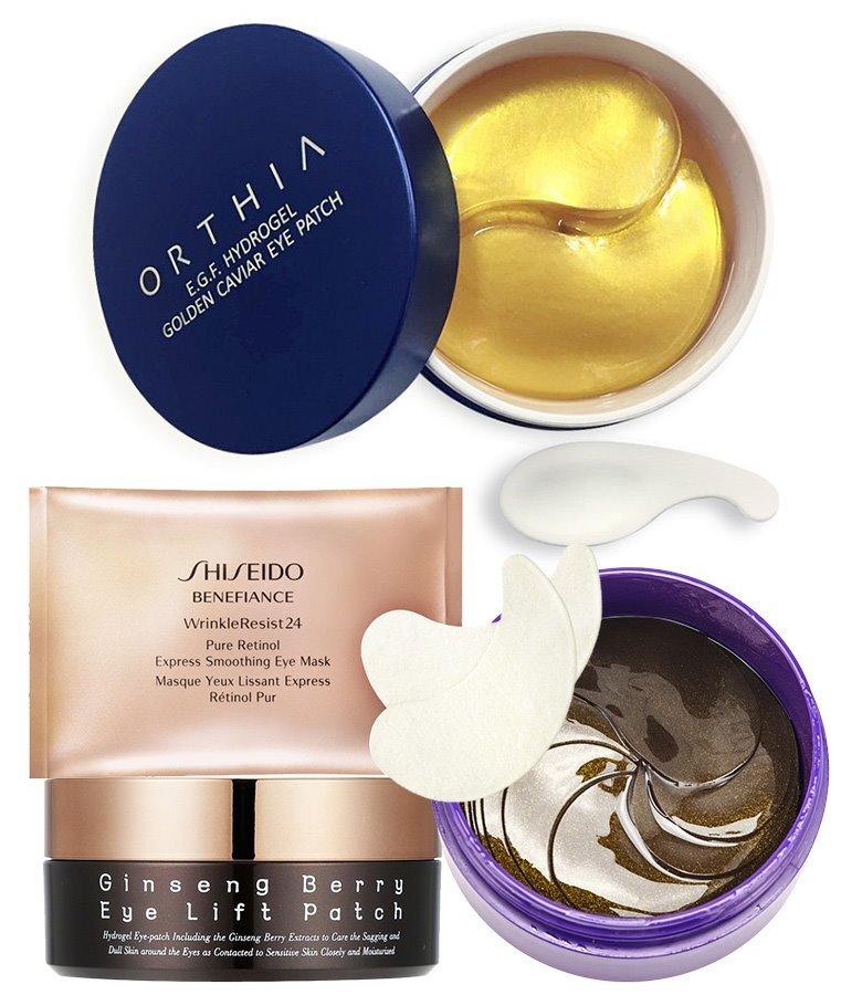 Orthia, гидрогелевые патчи с экстрактом икры и золотыми частицами; Shiseido, патчи с ретинолом Benefiance Wrinkle Resist; Pure Heals, гидрогелевые патчи с экстрактом женьшеня; Beautydrugs, гидрогелевые патчи