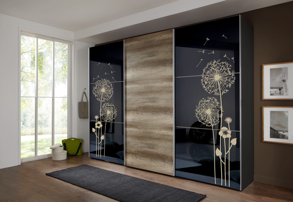 Шкаф-купе с цветной пескоструйной обработке на окрашеном стекле Lacobel 