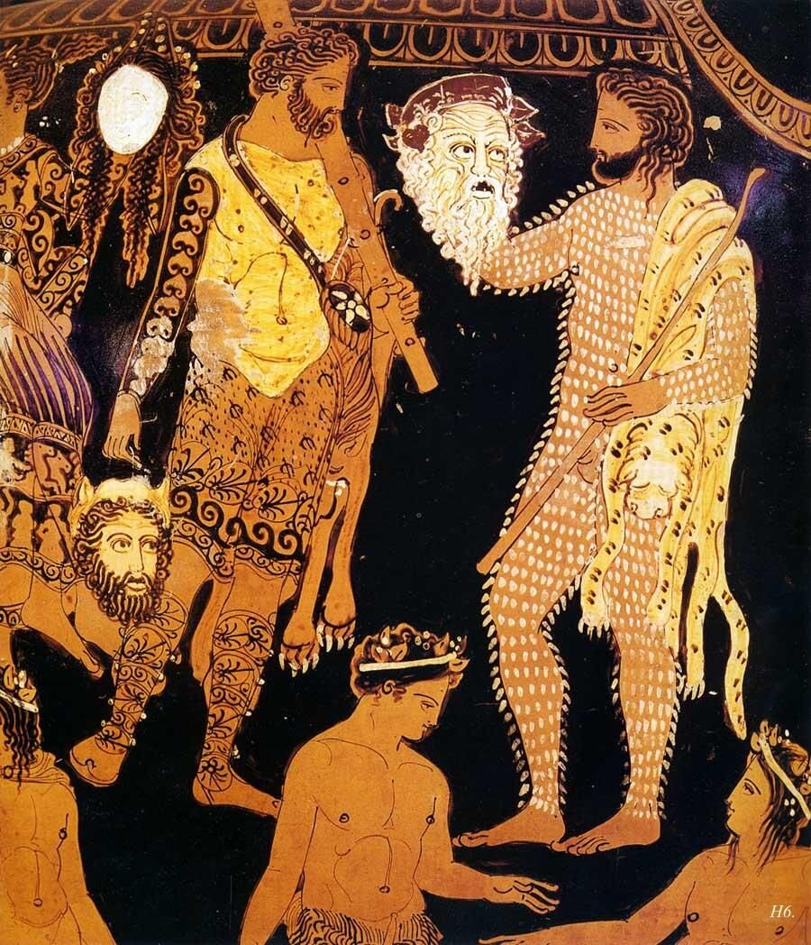 Сцена из комедии Аристофана «Лягушки», изображенная на краснофигурном древнегреческом сосуде