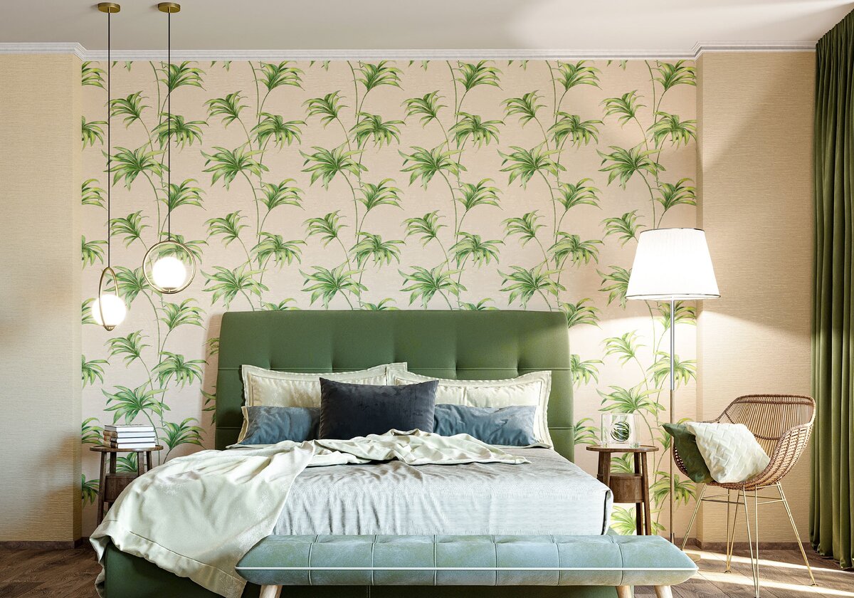 Комбинация в интерьере обоев-мотивов и обоев-компаньонов Caribbean (PL71534, PL71535)