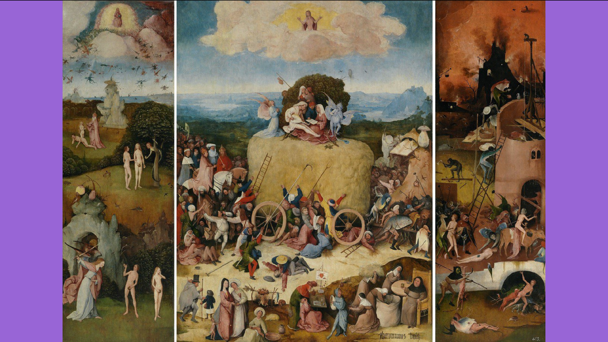 Иероним Босх. «Воз сена». Дерево, масло. 147,1 × 224,3 см. 1512–1515 (датировка музея Прадо). Прадо, Мадрид
