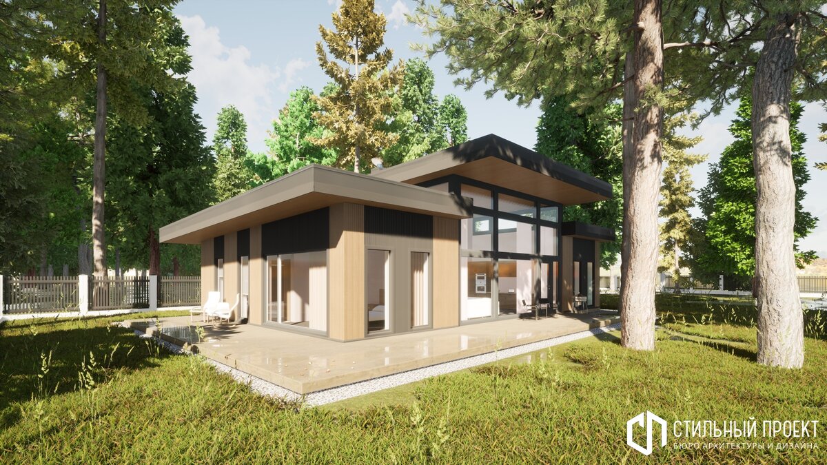 Визуализация проекта одноэтажного каркасного дома. Вид со стороны леса.