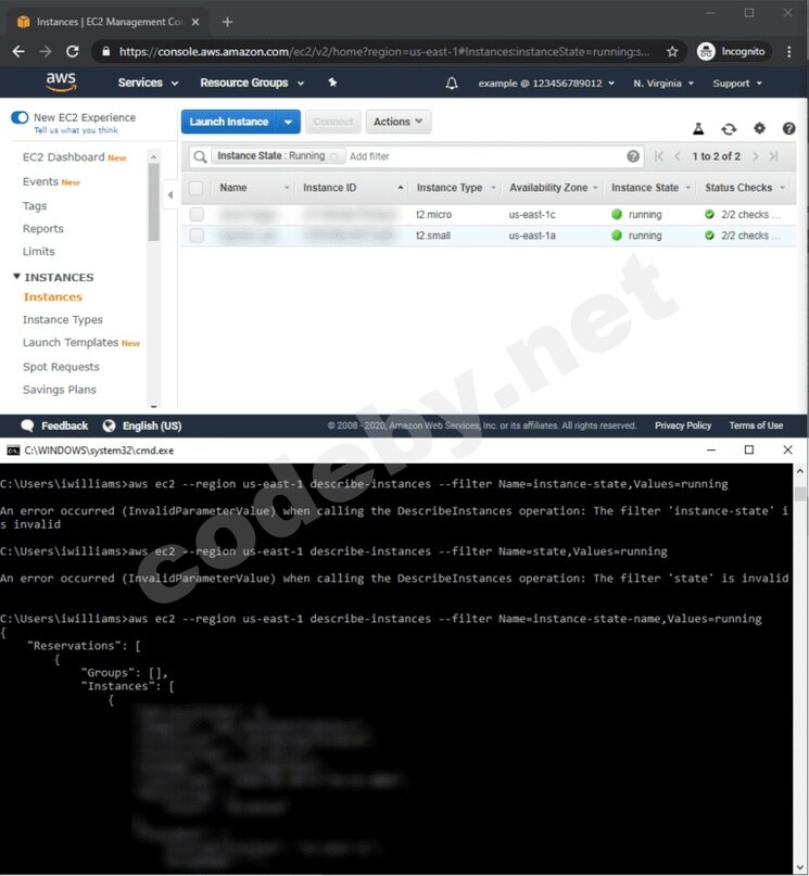 Скриншот консоли управления EC2, рядом с примером использования AWS CLI для EC2.